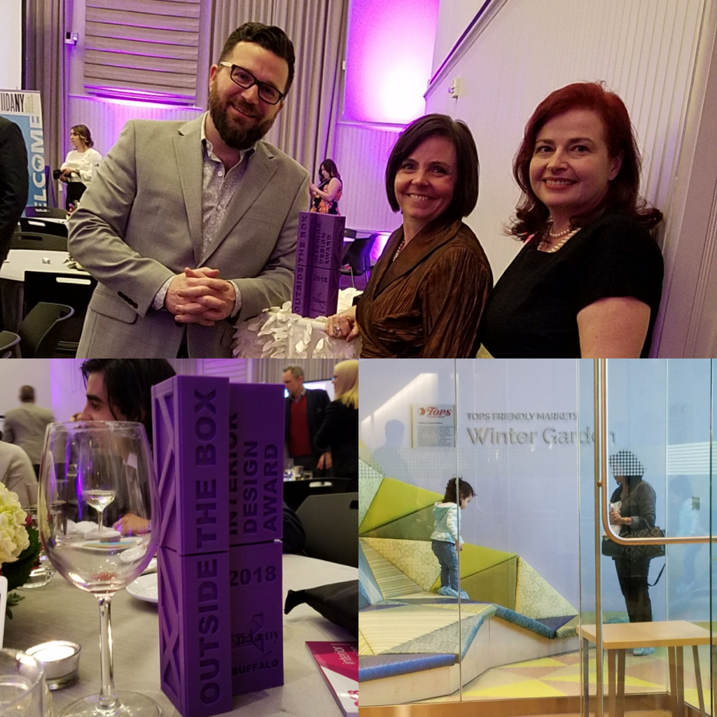Collage of three images:  at the top, three people are smiling next to a tall purple design award.  Bottom left:  a close up of the design award, purple and 3-d printed with the words "Outside the Box:  Interio Design Award 2018".  Bottom right:  a child and her mother explore the sculptural seating at the Winter Garden, Oishei Children's Hospital in Buffalo, NY.